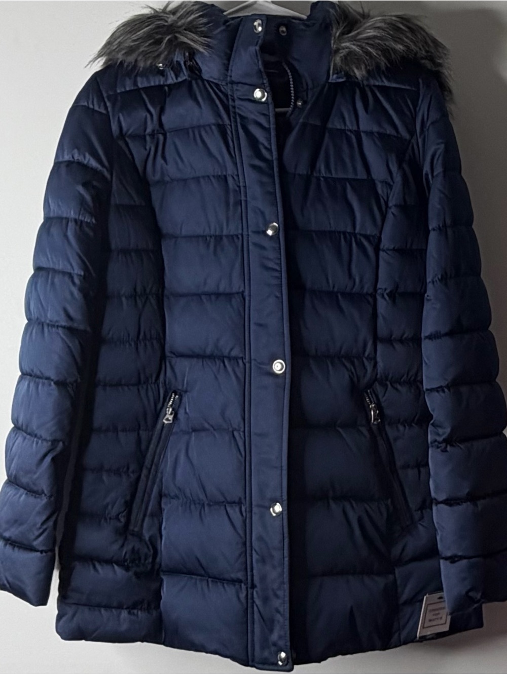 INC International Concepts Navy Quilted Puffer Coat with Faux Fur Trim